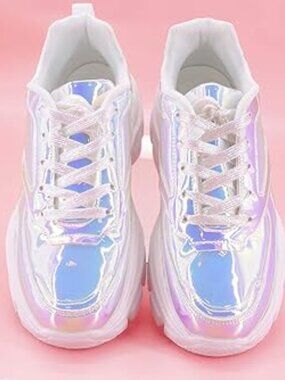 Women White Hologram Platform Fuchsia Hologram Casual Lace-Up Sneakers
